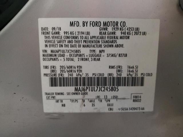 MAJ6P1UL7JC245805 - 2018 FORD ECOSPORT SE SILVER photo 13