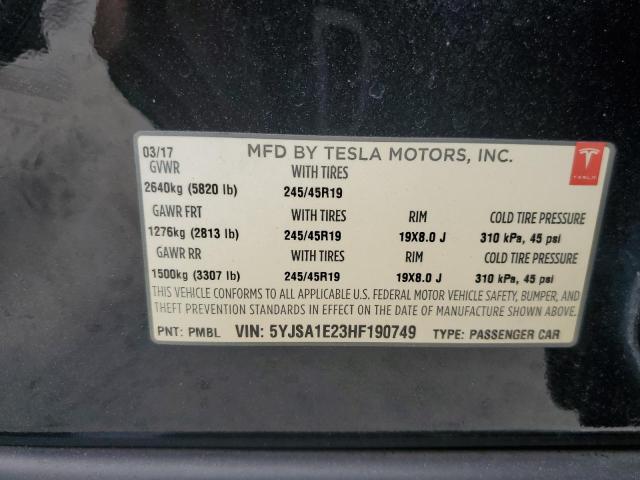 5YJSA1E23HF190749 - 2017 TESLA MODEL S Чорний фото 13
