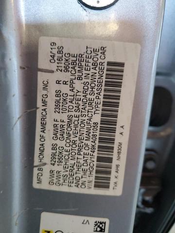 1HGCV1F49KA081058 - 2019 HONDA ACCORD EX SILVER photo 12