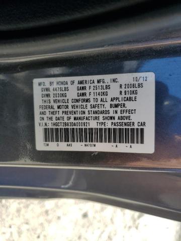 1HGCT2B83DA000921 - 2013 HONDA ACCORD EXL GRAY photo 12