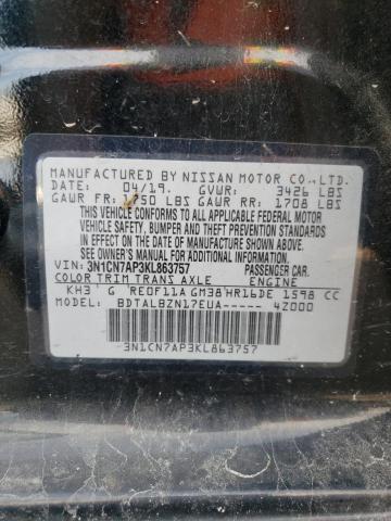 3N1CN7AP3KL863757 - 2019 NISSAN VERSA S BLACK photo 12