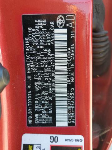 2T1BURHE3KC147813 - 2019 TOYOTA COROLLA L RED photo 12