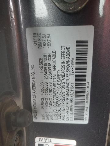 5J6RW1H51KA011611 - 2019 HONDA CR-V EX GRAY photo 13