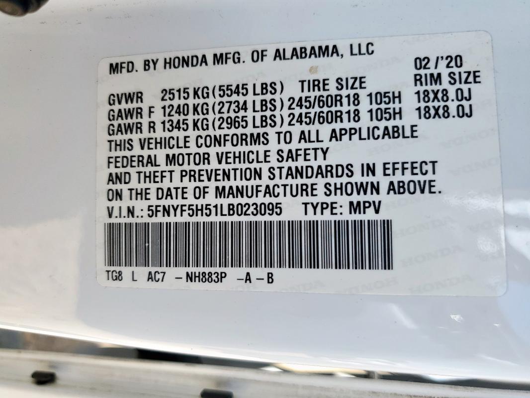 5FNYF5H51LB023095 - 2020 HONDA PILOT EXL თეთრი ფოტო 14
