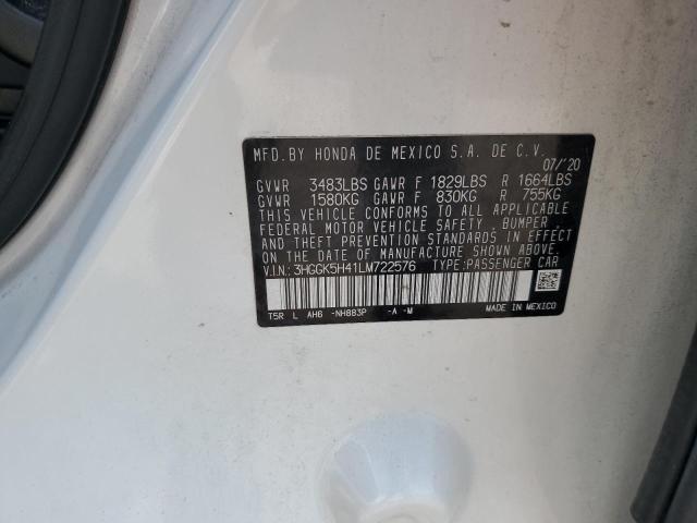 3HGGK5H41LM722576 - 2020 HONDA FIT LX WHITE photo 12