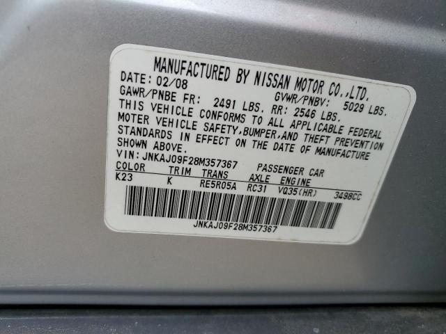 JNKAJ09F28M357367 - 2008 INFINITI EX35 BASE SILVER photo 12