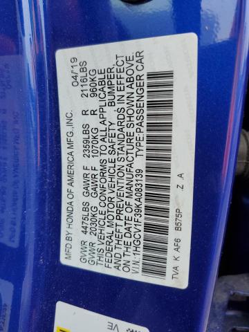 1HGCV1F39KA083139 - 2019 HONDA ACCORD SPORT 蓝色 照片 12