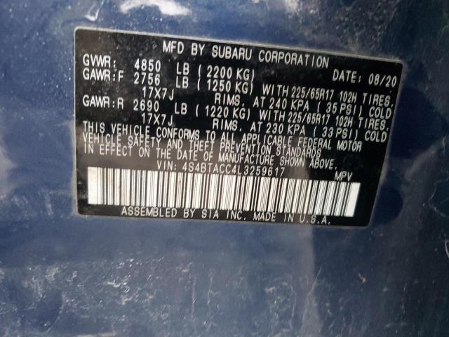 4S4BTACC4L3259617 - 2020 SUBARU OUTBACK PREMIUM BLUE photo 12