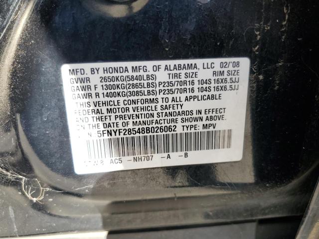 5FNYF28548B026062 - 2008 HONDA PILOT EXL შავი ფოტო 14