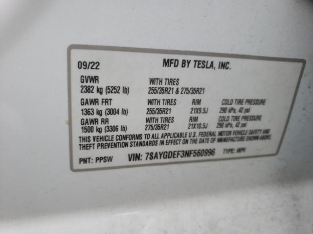 7SAYGDEF3NF560996 - 2022 TESLA MODEL Y WHITE photo 12