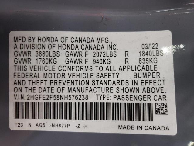 2HGFE2F58NH576238 - 2022 HONDA CIVIC SPORT 灰色 照片 12