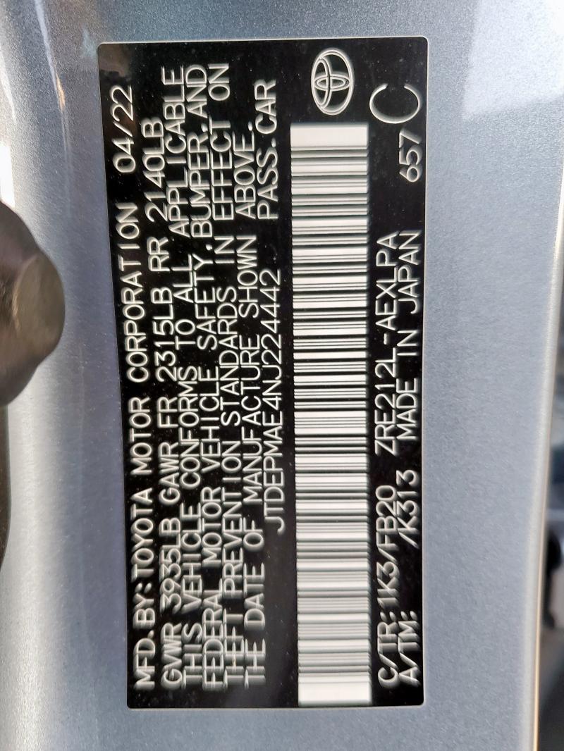 JTDEPMAE4NJ224442 - 2022 TOYOTA COROLLA LE SILVER photo 12