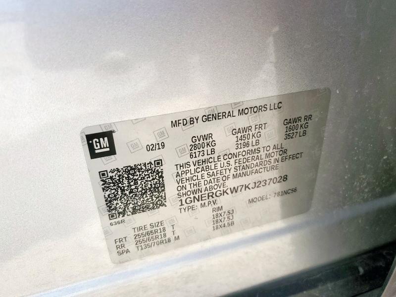 1GNERGKW7KJ237028 - 2019 CHEVROLET TRAVERSE LT فضي صورة 13