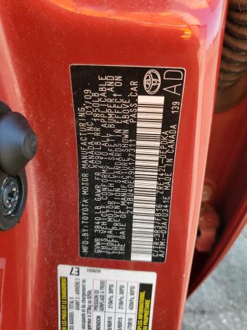 2T1BU40E79C177311 - 2009 TOYOTA COROLLA BASE RED photo 12