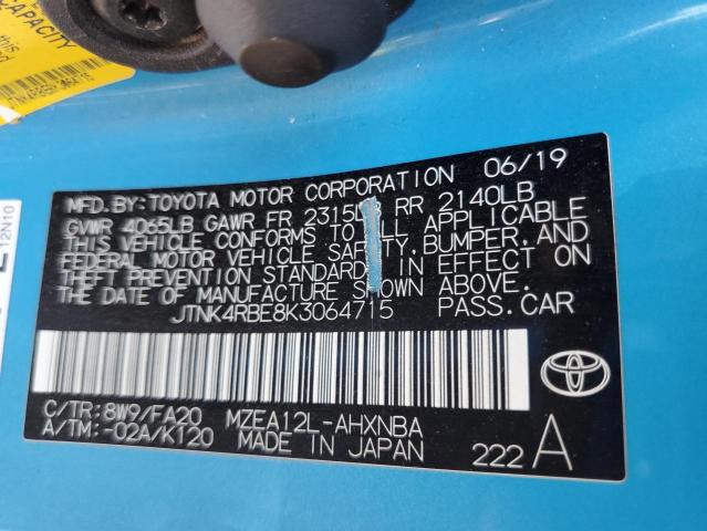 JTNK4RBE8K3064715 - 2019 TOYOTA COROLLA SE ლურჯი ფოტო 12