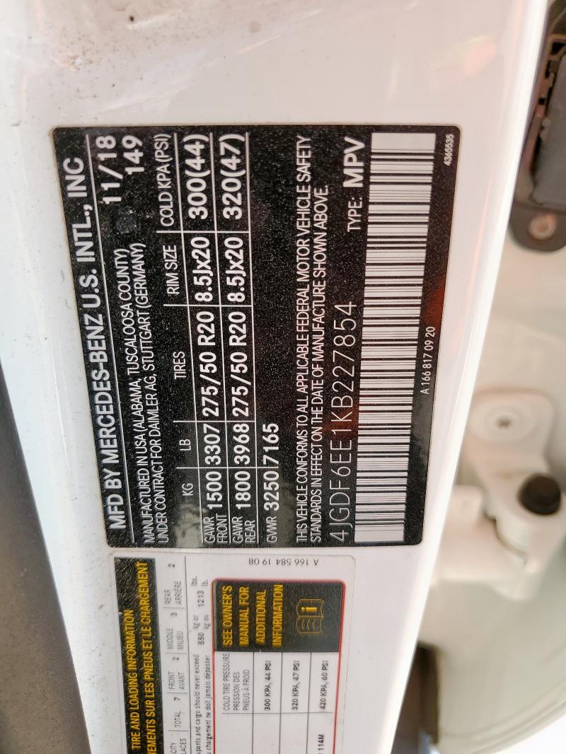 4JGDF6EE1KB227854 - 2019 MERCEDES-BENZ GLS 450 4MATIC WHITE photo 13