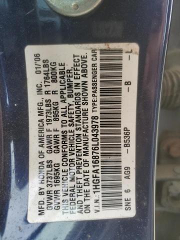 1HGFA16876L043978 - 2006 HONDA CIVIC EX BLUE photo 12