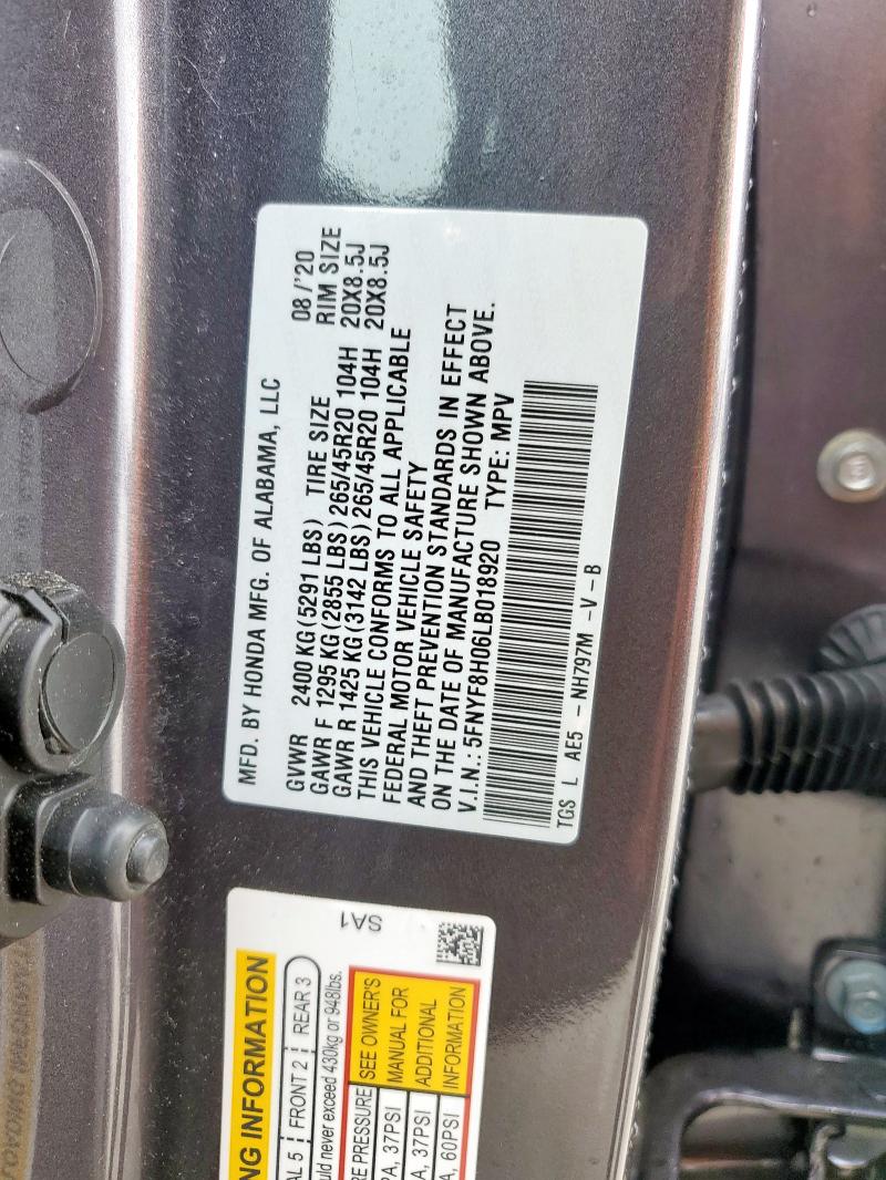 5FNYF8H06LB018920 - 2020 HONDA PASSPORT ELITE GRAY photo 13