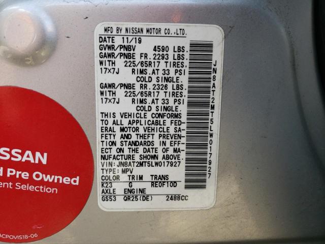 JN8AT2MT5LW017927 - 2020 NISSAN ROGUE S SILVER photo 13