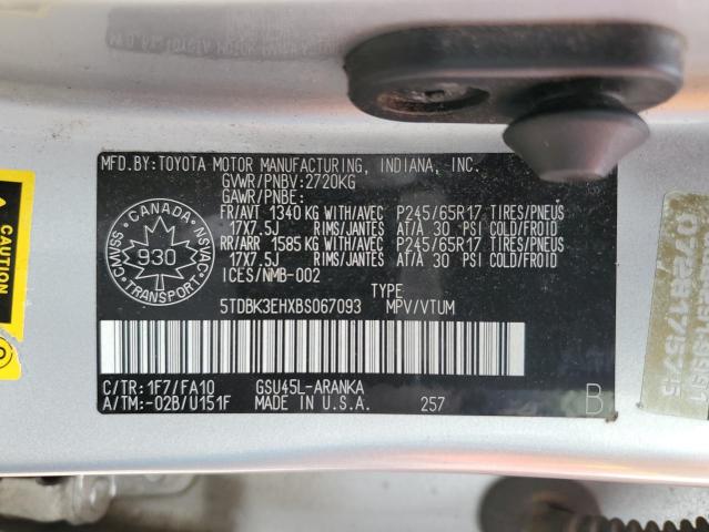 5TDBK3EHXBS067093 - 2011 TOYOTA HIGHLANDER BASE Күміс фото 13