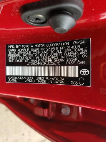 JTDBCMFE3RJ032670 - 2024 TOYOTA COROLLA LE 勃艮第红 照片 12