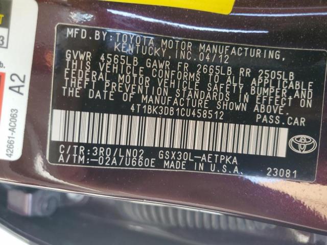4T1BK3DB1CU458512 - 2012 TOYOTA AVALON BASE 勃艮第红 照片 12