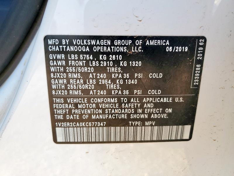 1V2ER2CA0KC577347 - 2019 VOLKSWAGEN ATLAS SEL WHITE photo 13