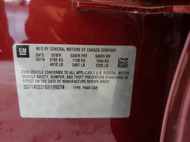 2G1145S31G9199274 - 2016 CHEVROLET IMPALA LTZ RED photo 12