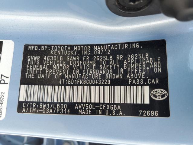 4T1BD1FK8CU043229 - 2012 TOYOTA CAMRY HYBRID BLUE photo 12