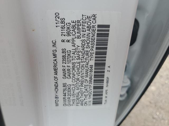 1HGCV1F39MA018648 - 2021 HONDA ACCORD SPORT 白色 照片 12