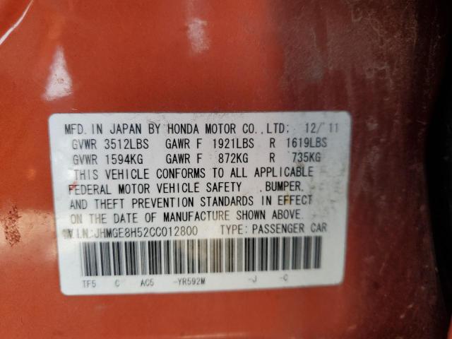 JHMGE8H52CC012800 - 2012 HONDA FIT SPORT ORANGE photo 12