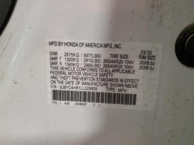 5J8YD4H81LL025809 - 2020 ACURA MDX ADVANCE თეთრი ფოტო 13