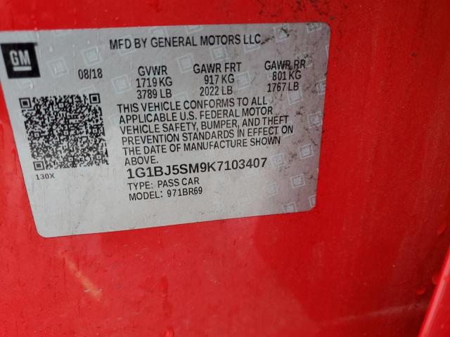 1G1BJ5SM9K7103407 - 2019 CHEVROLET CRUZE RED photo 12