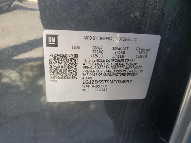 1G1ZD5ST9MF034997 - 2021 CHEVROLET MALIBU LT Մոխրագույն լուսանկար 12