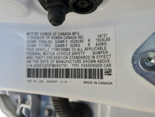 2HGFC2F87MH557761 - 2021 HONDA CIVIC SPORT WHITE photo 12