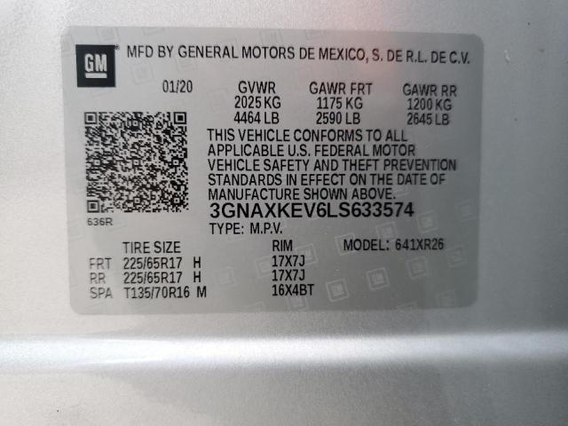 3GNAXKEV6LS633574 - 2020 CHEVROLET EQUINOX LT SILVER photo 13