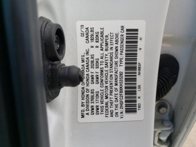 2HGFC2F8XKH535282 - 2019 HONDA CIVIC SPORT WHITE photo 12