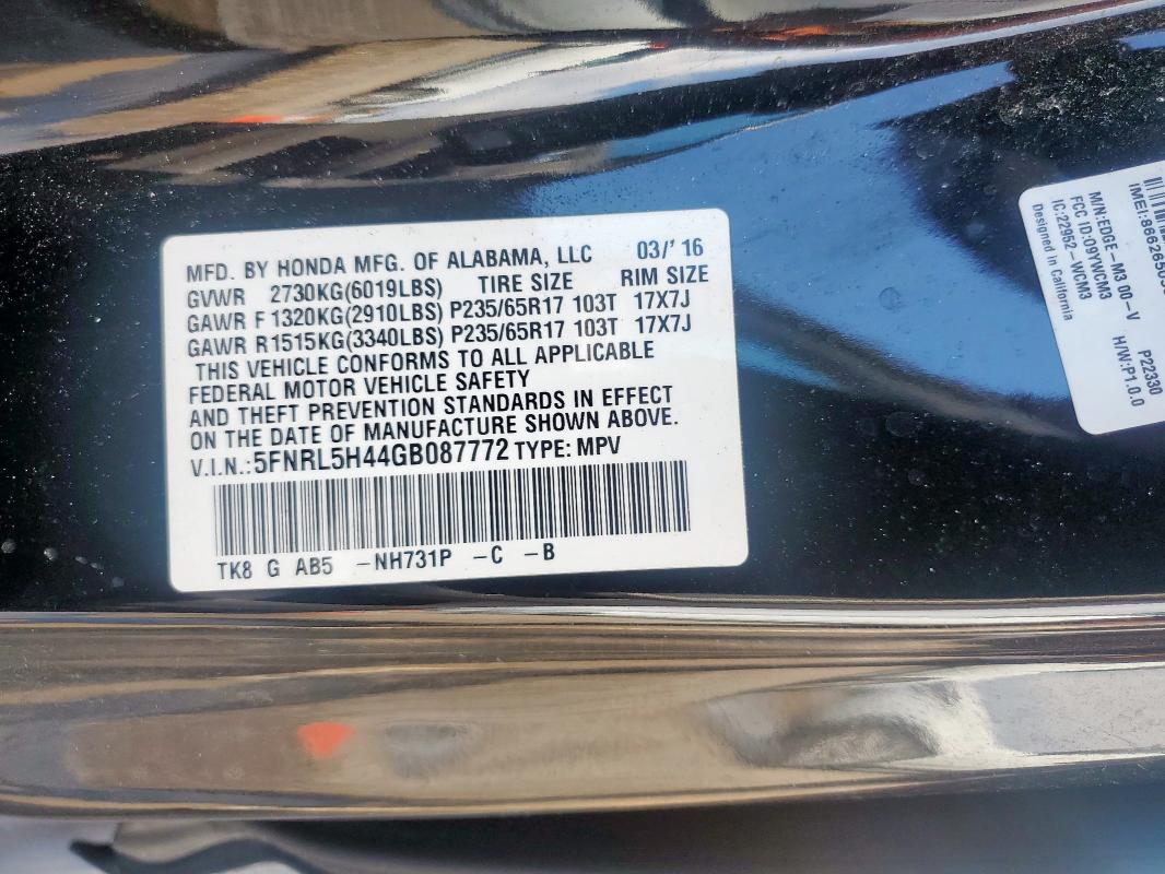 5FNRL5H44GB087772 - 2016 HONDA ODYSSEY EX BLACK photo 13