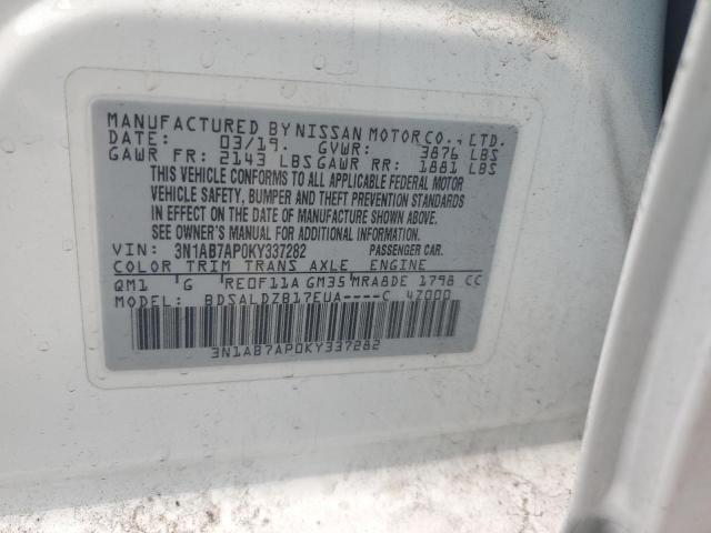 3N1AB7AP0KY337282 - 2019 NISSAN SENTRA S 白色 照片 12