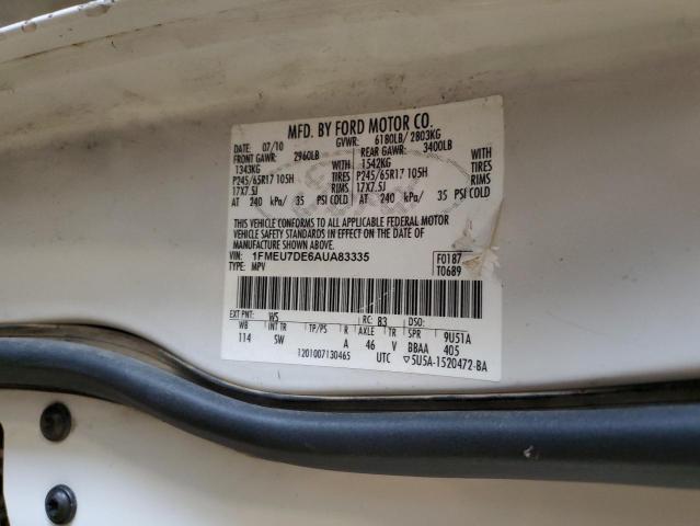 1FMEU7DE6AUA83335 - 2010 FORD EXPLORER XLT WHITE photo 13