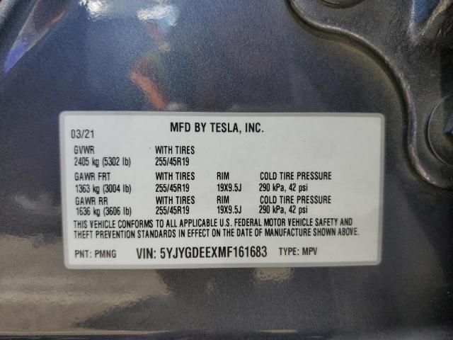 5YJYGDEEXMF161683 - 2021 TESLA MODEL Y GRAY photo 12