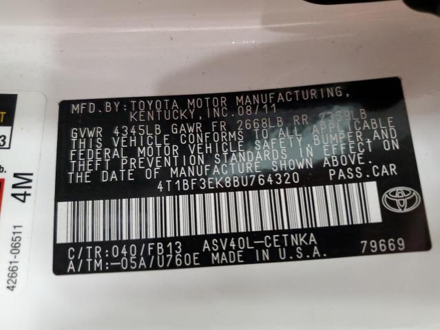 4T1BF3EK8BU764320 - 2011 TOYOTA CAMRY BASE WHITE photo 12