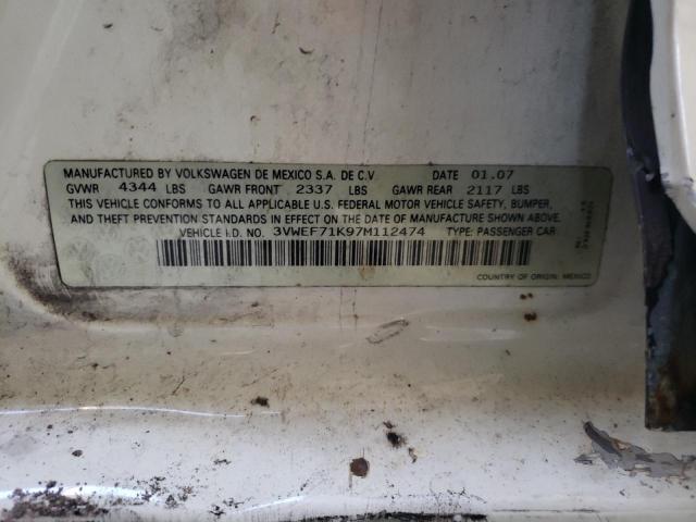 3VWEF71K97M112474 - 2007 VOLKSWAGEN JETTA WOLFSBURG 白色 照片 10