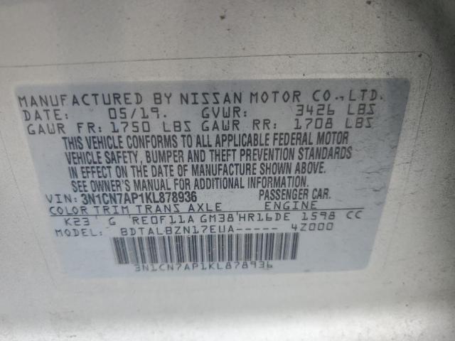 3N1CN7AP1KL878936 - 2019 NISSAN VERSA S 银色 照片 12