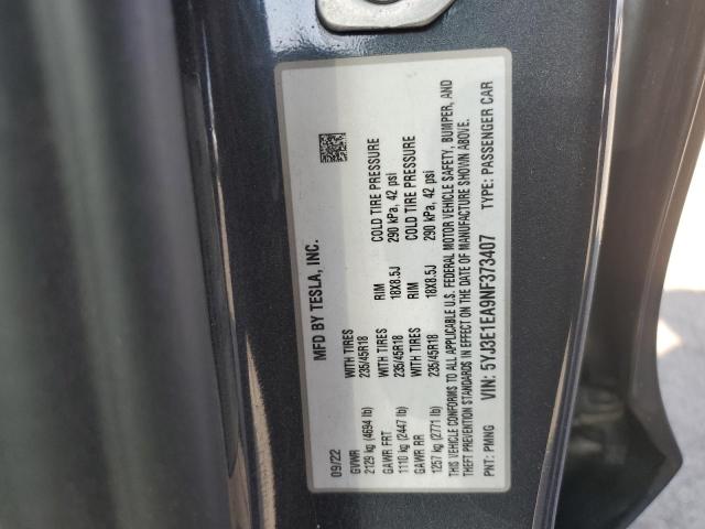 5YJ3E1EA9NF373407 - 2022 TESLA MODEL 3 GRAY photo 13