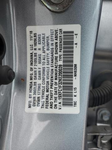19XFC1F32KE200039 - 2019 HONDA CIVIC EX SILVER photo 13