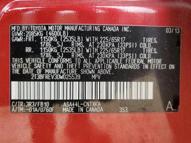 2T3BFREV3DW025539 - 2013 TOYOTA RAV4 LE RED photo 12