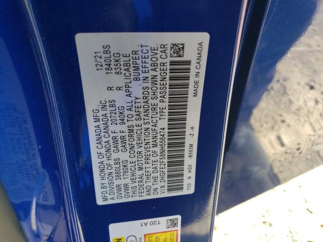 2HGFE2F58NH556474 - 2022 HONDA CIVIC SPORT ლურჯი ფოტო 12