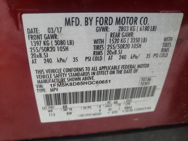 1FM5K8D85HGC60651 - 2017 FORD EXPLORER XLT MAROON photo 13