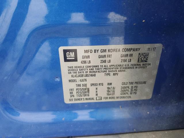 KL4CJASB1JB574640 - 2018 BUICK ENCORE PREFERRED BLUE photo 12